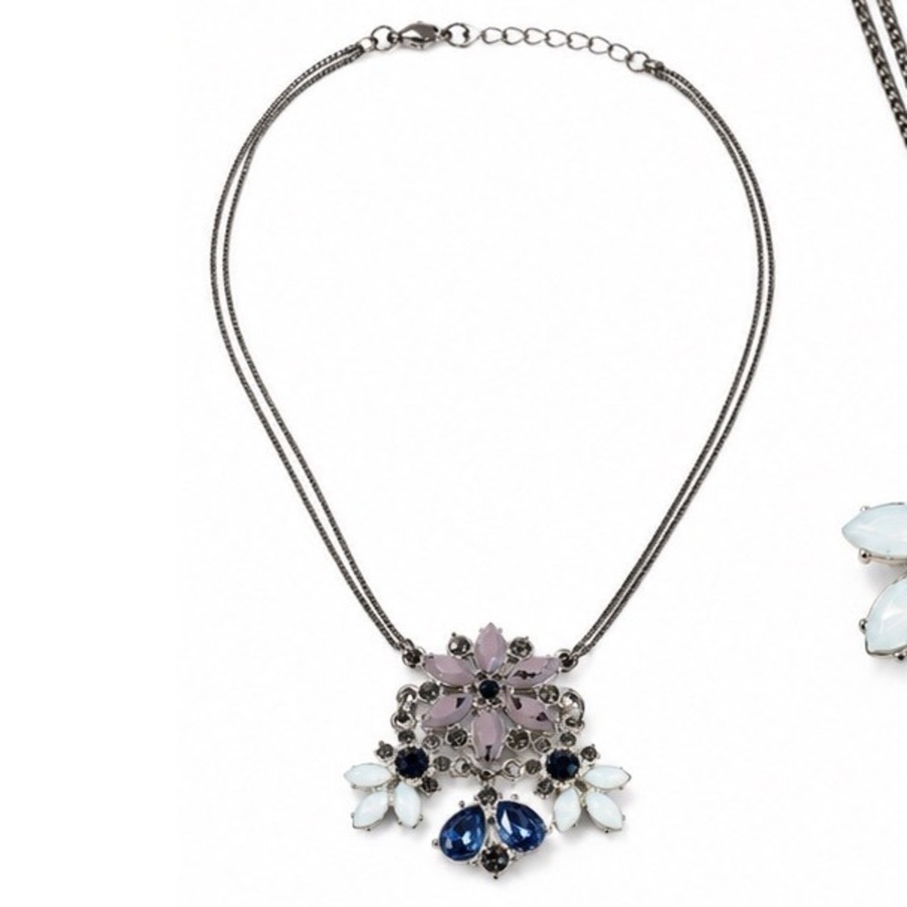Lauren Conrad Lavender Navy Blue Floral Statement Bib Necklace Gunmetal Chain